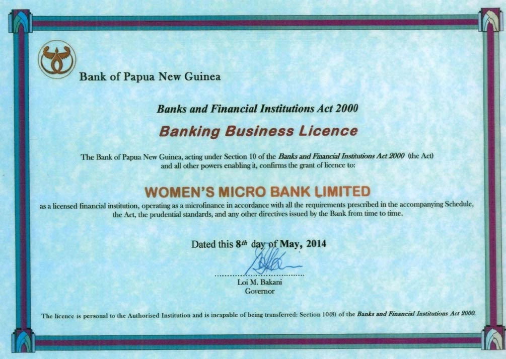 Bank of Papua New Guinea Banking Business Licence Certificate for Women's Micro Bank Limited